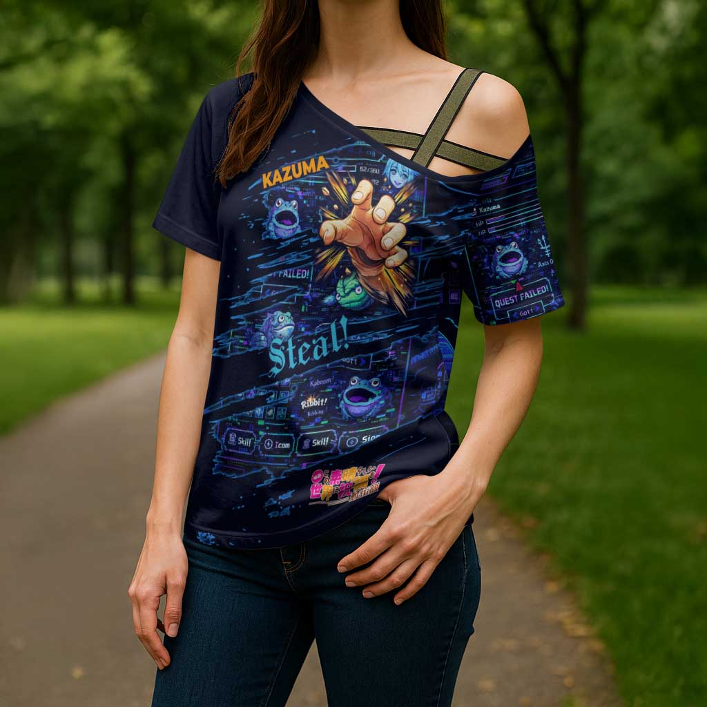 Kazuma Steal Skill Cross Shoulder Shirt Retro Anime RPG Interface Style