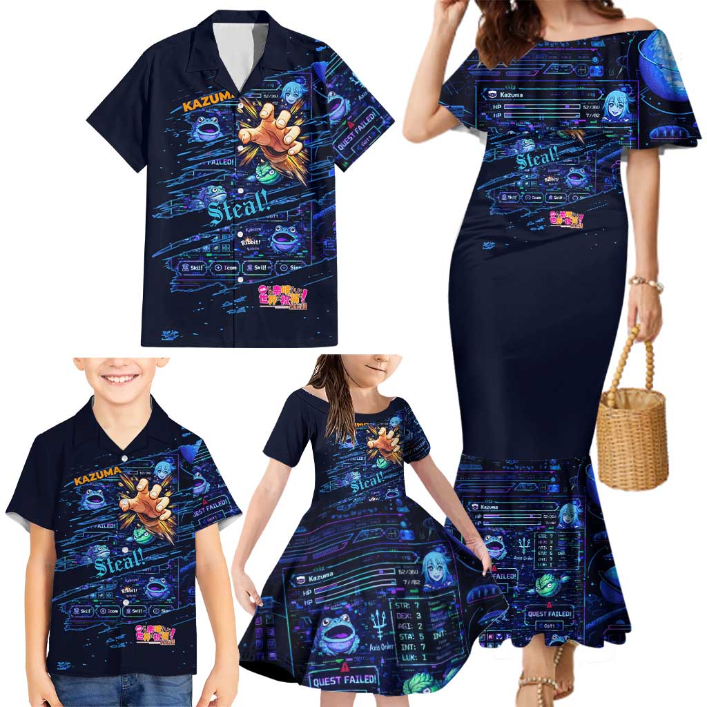 Kazuma Steal Skill Family Matching Mermaid Dress and Hawaiian Shirt Retro Anime RPG Interface Style