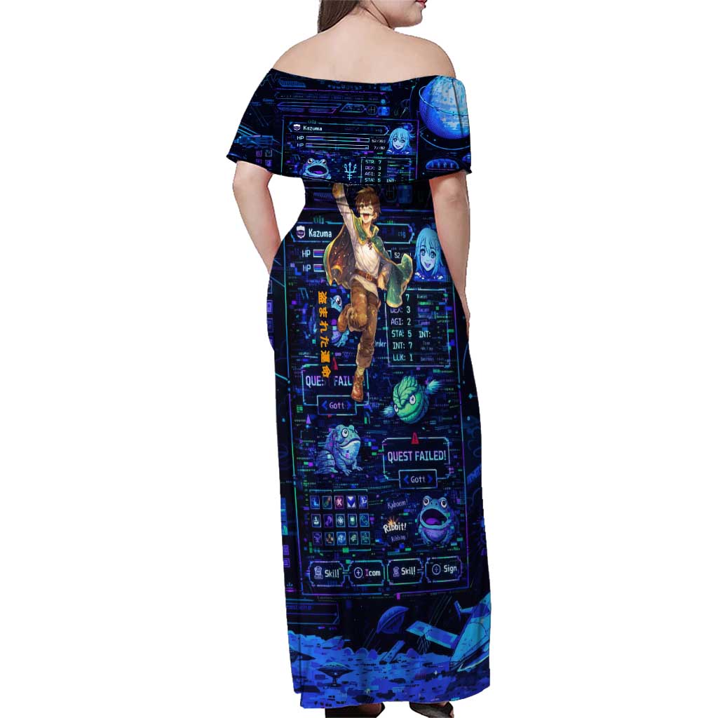 Kazuma Steal Skill Family Matching Off Shoulder Maxi Dress and Hawaiian Shirt Retro Anime RPG Interface Style