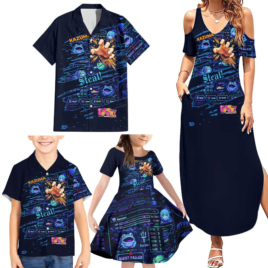 Kazuma Steal Skill Family Matching Summer Maxi Dress and Hawaiian Shirt Retro Anime RPG Interface Style