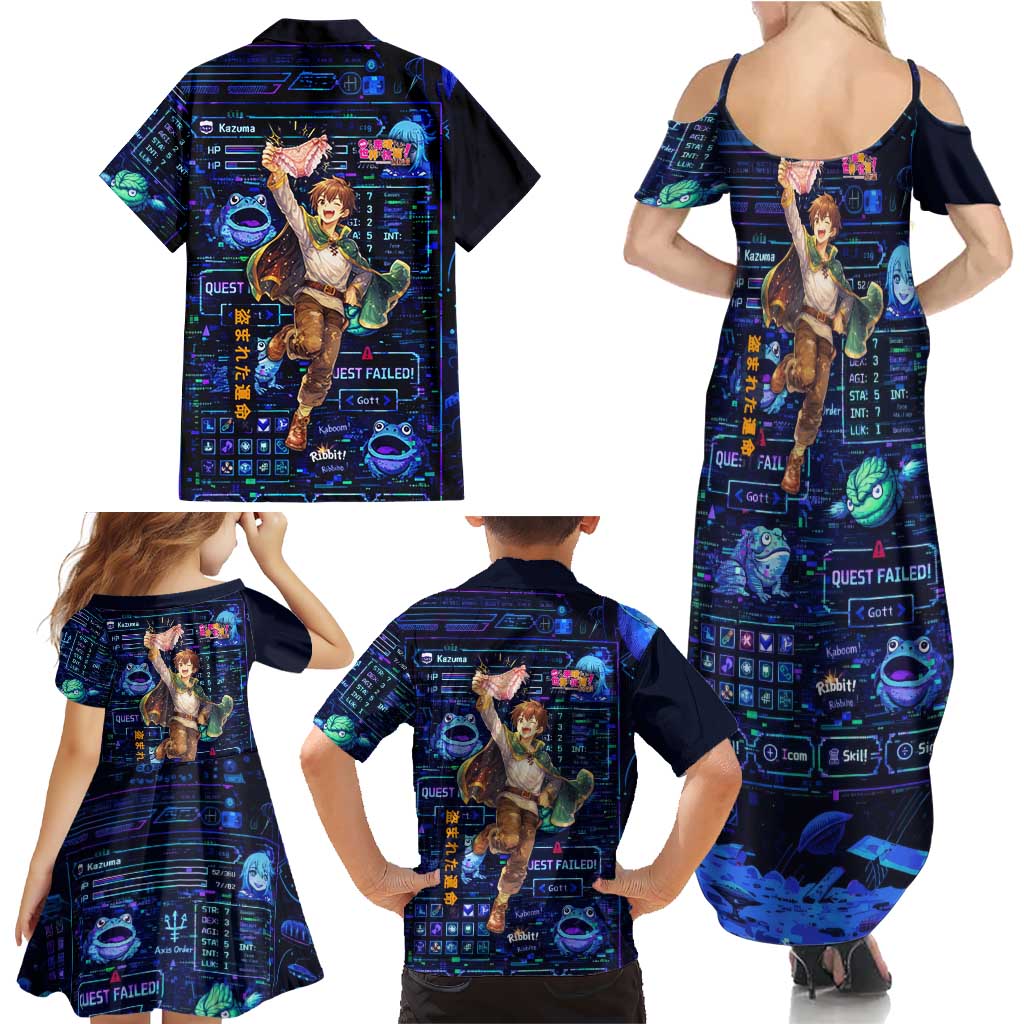Kazuma Steal Skill Family Matching Summer Maxi Dress and Hawaiian Shirt Retro Anime RPG Interface Style