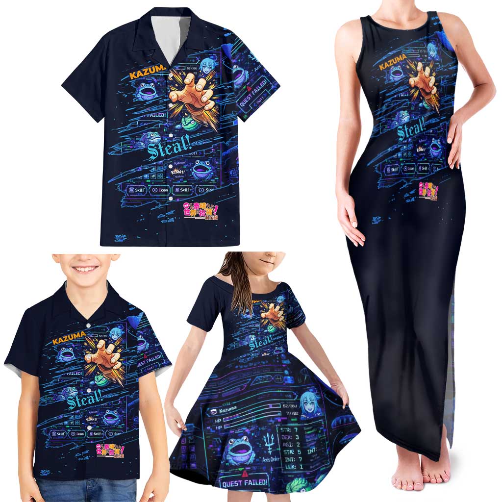 Kazuma Steal Skill Family Matching Tank Maxi Dress and Hawaiian Shirt Retro Anime RPG Interface Style