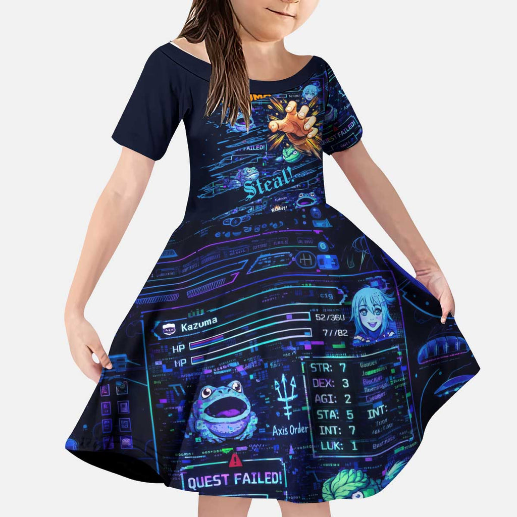Kazuma Steal Skill Kid Short Sleeve Dress Retro Anime RPG Interface Style
