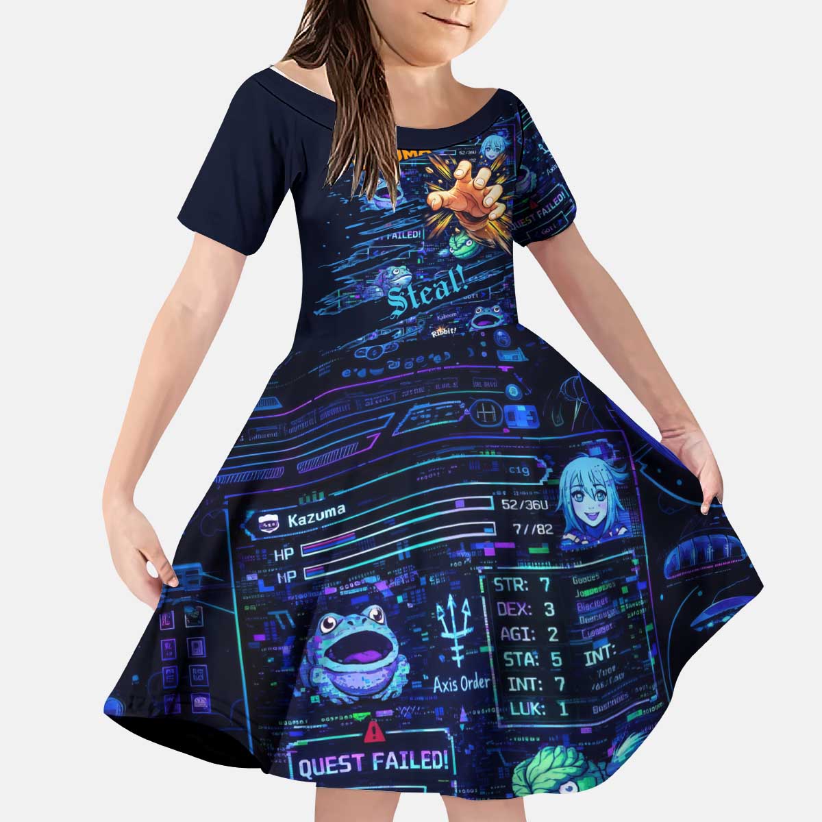 Kazuma Steal Skill Kid Short Sleeve Dress Retro Anime RPG Interface Style