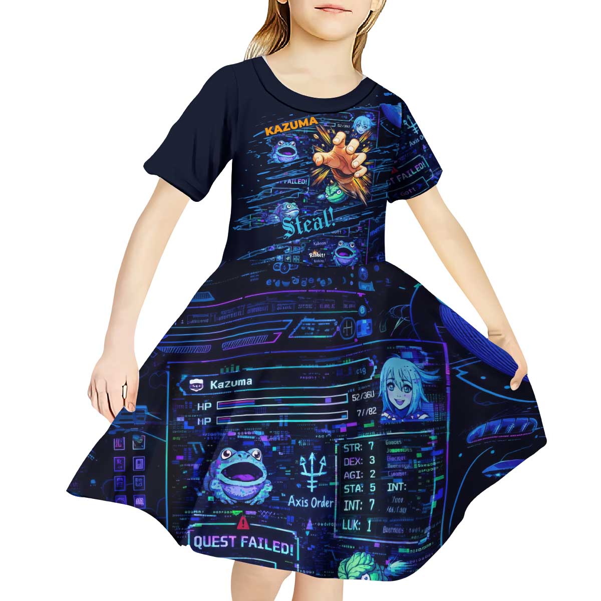 Kazuma Steal Skill Kid Short Sleeve Dress Retro Anime RPG Interface Style
