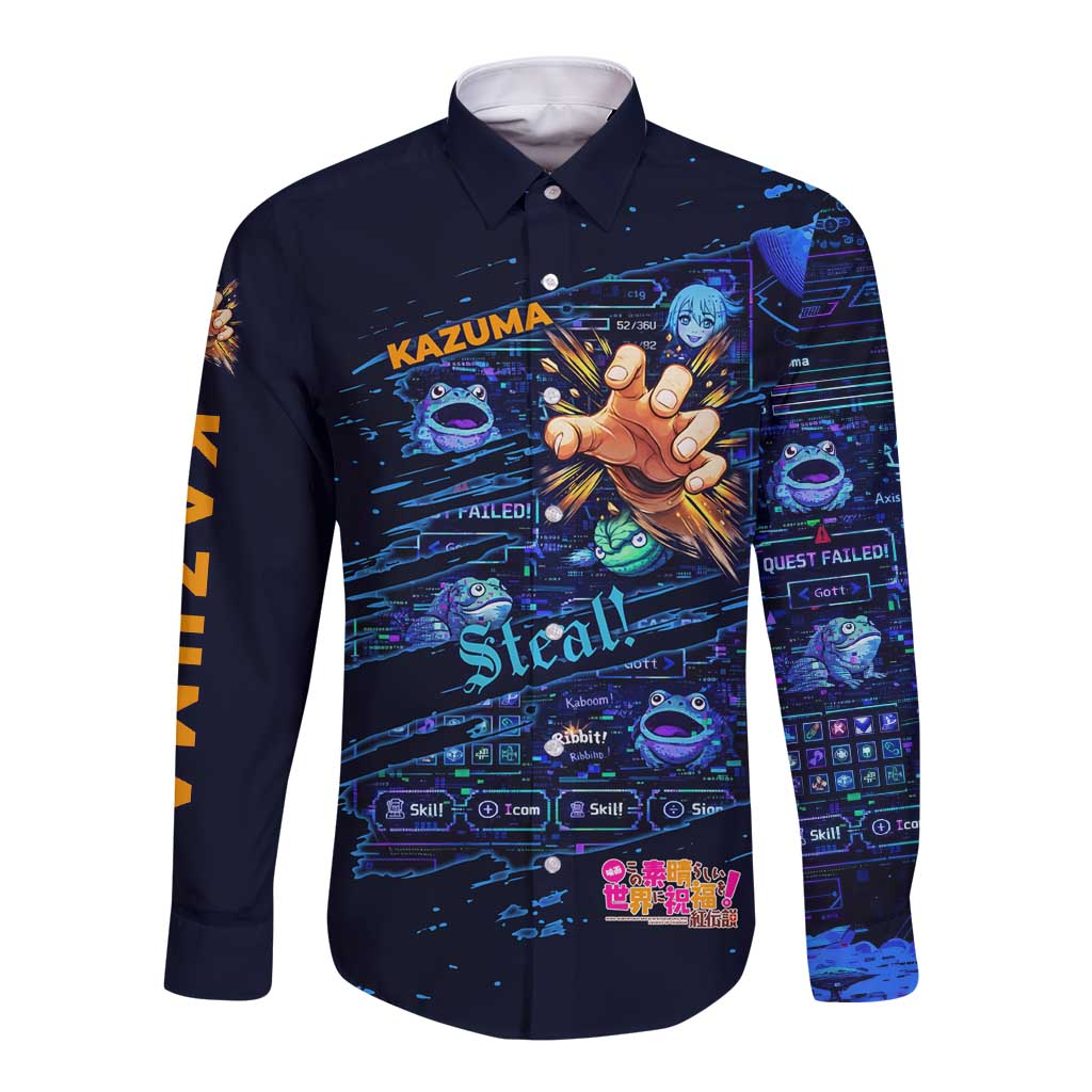 Kazuma Steal Skill Long Sleeve Button Shirt Retro Anime RPG Interface Style
