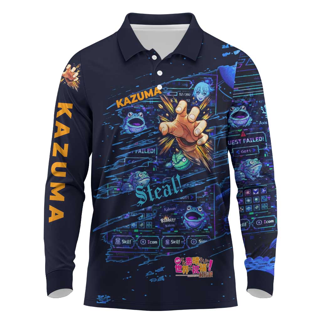 Kazuma Steal Skill Long Sleeve Polo Shirt Retro Anime RPG Interface Style