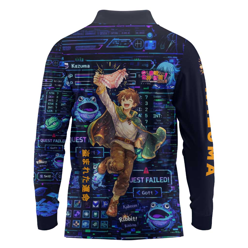 Kazuma Steal Skill Long Sleeve Polo Shirt Retro Anime RPG Interface Style