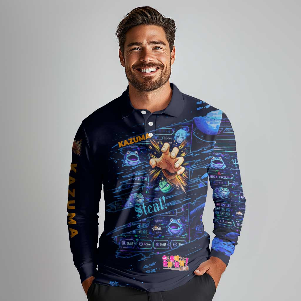 Kazuma Steal Skill Long Sleeve Polo Shirt Retro Anime RPG Interface Style
