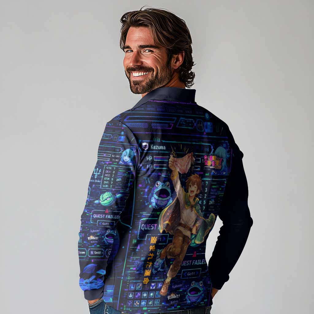 Kazuma Steal Skill Long Sleeve Polo Shirt Retro Anime RPG Interface Style