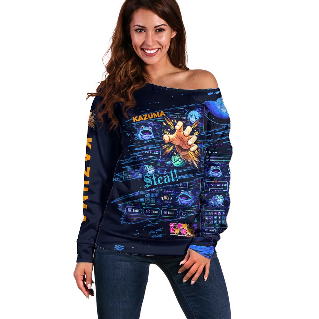 Kazuma Steal Skill Off Shoulder Sweater Retro Anime RPG Interface Style