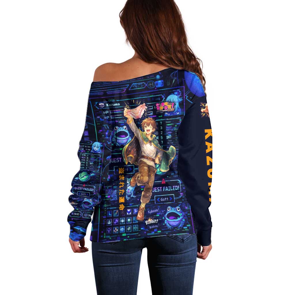Kazuma Steal Skill Off Shoulder Sweater Retro Anime RPG Interface Style