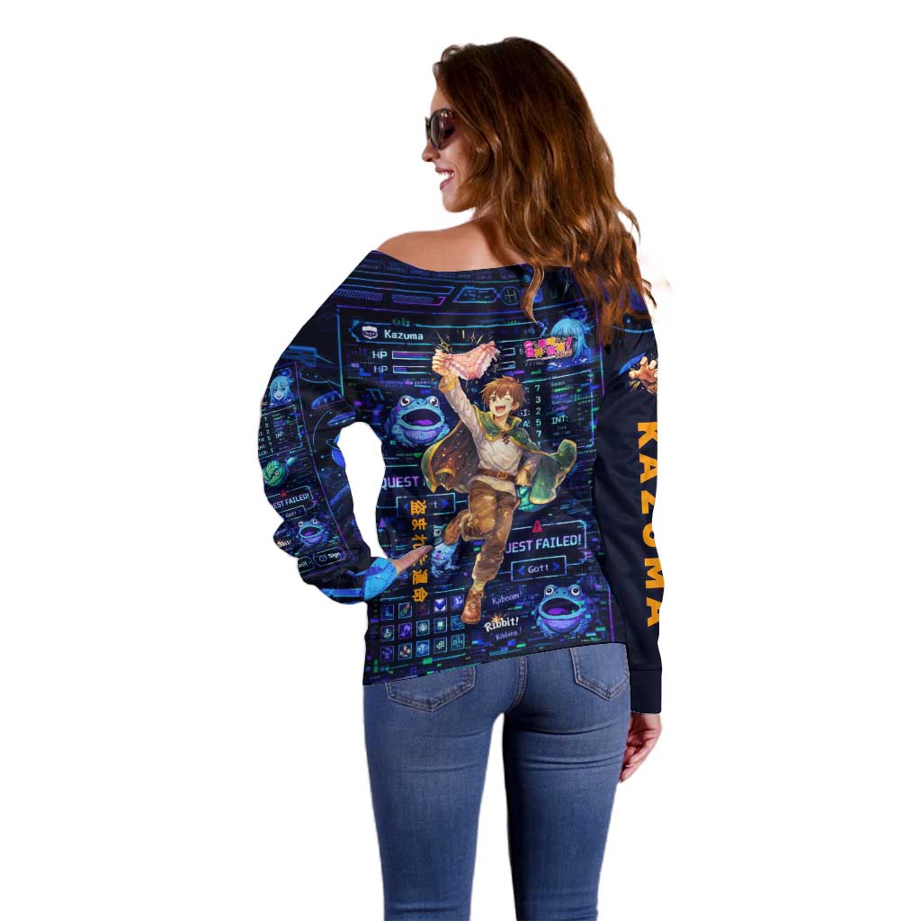 Kazuma Steal Skill Off Shoulder Sweater Retro Anime RPG Interface Style