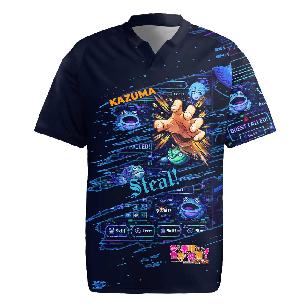 Kazuma Steal Skill Rugby Jersey Retro Anime RPG Interface Style