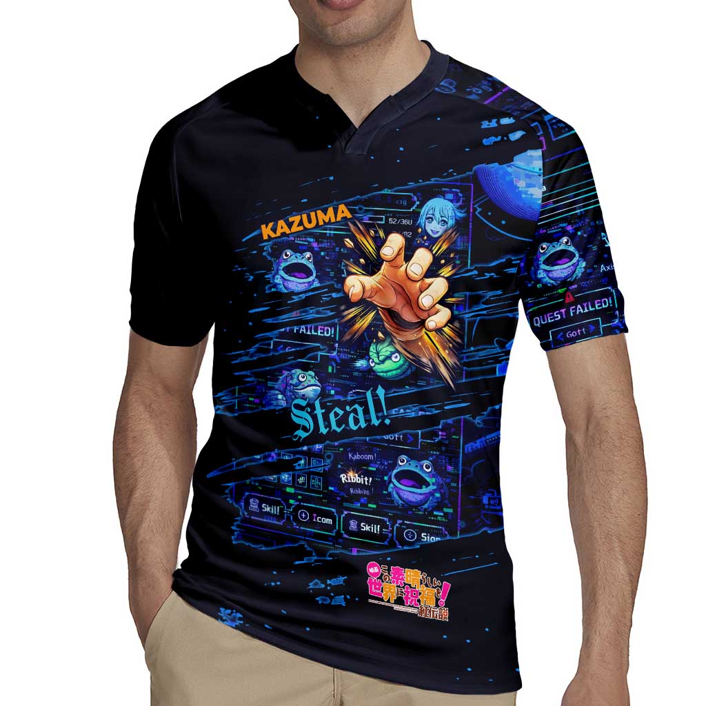 Kazuma Steal Skill Rugby Jersey Retro Anime RPG Interface Style