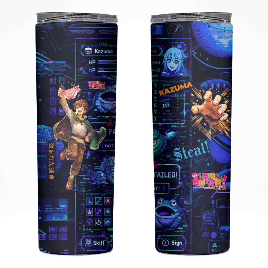 Kazuma Steal Skill Skinny Tumbler Retro Anime RPG Interface Style