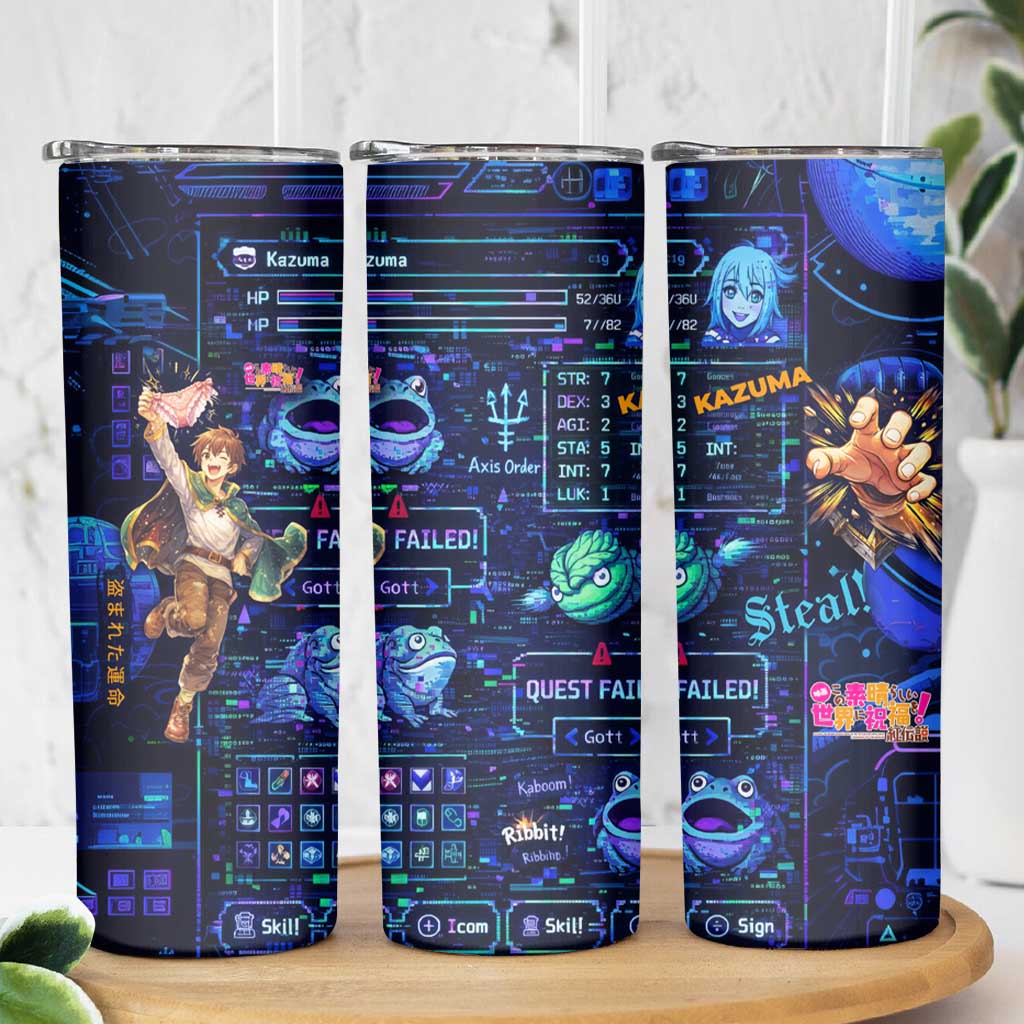 Kazuma Steal Skill Skinny Tumbler Retro Anime RPG Interface Style