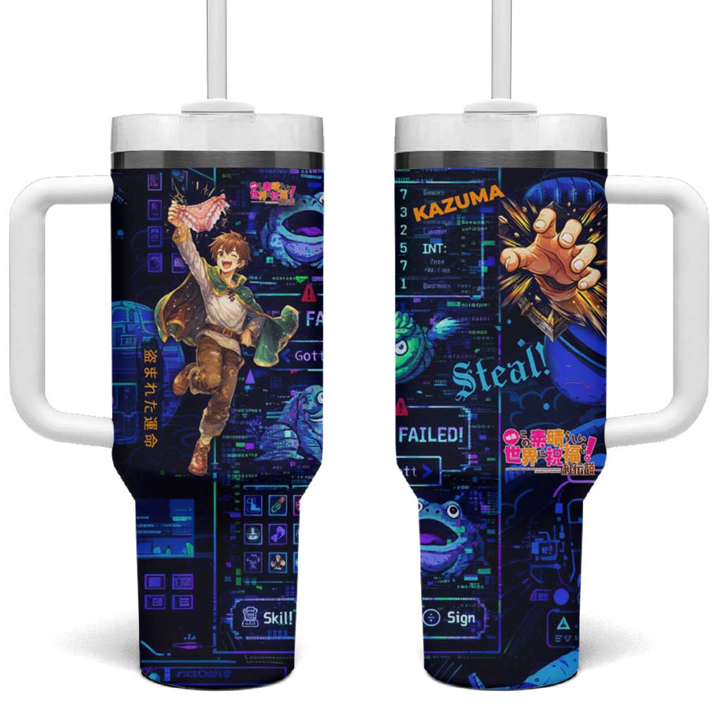 Kazuma Steal Skill Tumbler With Handle Retro Anime RPG Interface Style