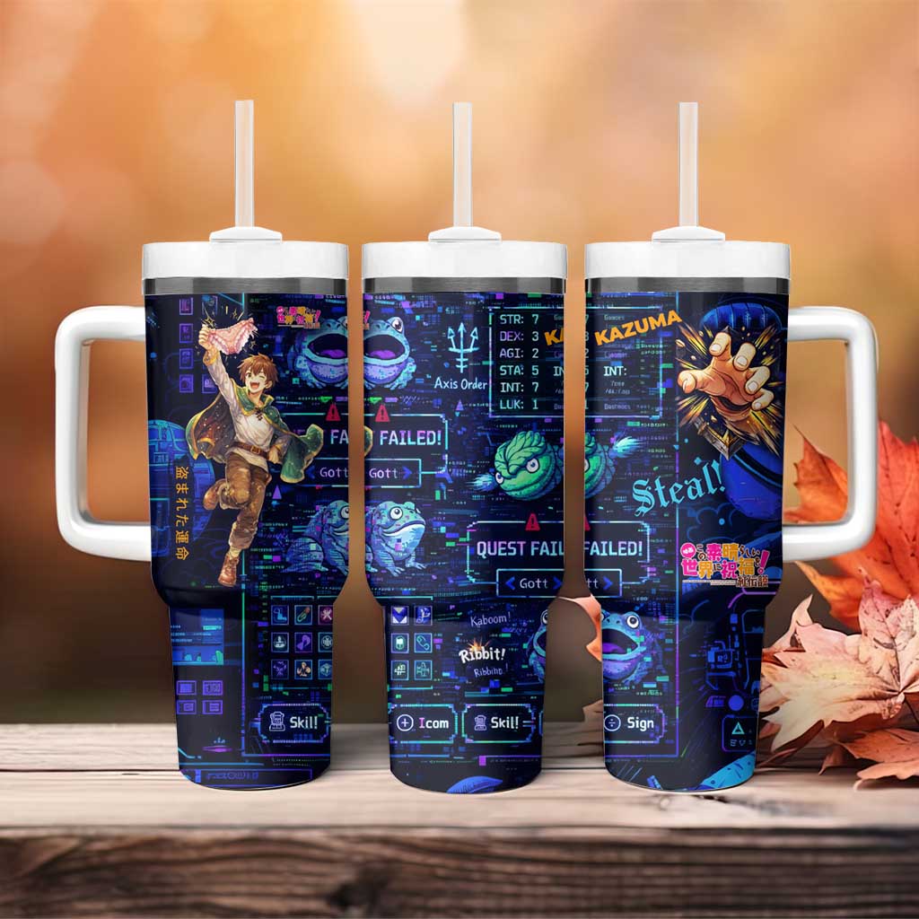 Kazuma Steal Skill Tumbler With Handle Retro Anime RPG Interface Style