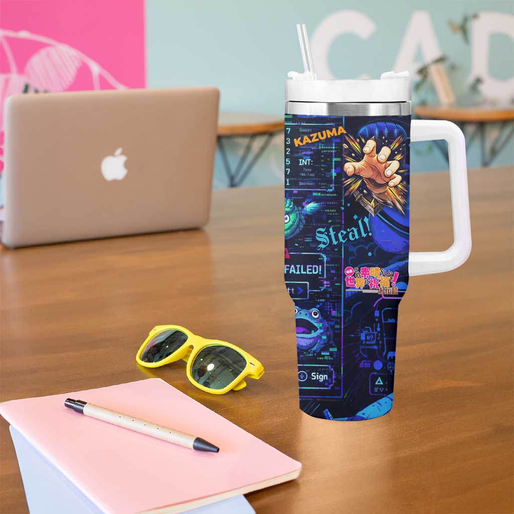 Kazuma Steal Skill Tumbler With Handle Retro Anime RPG Interface Style