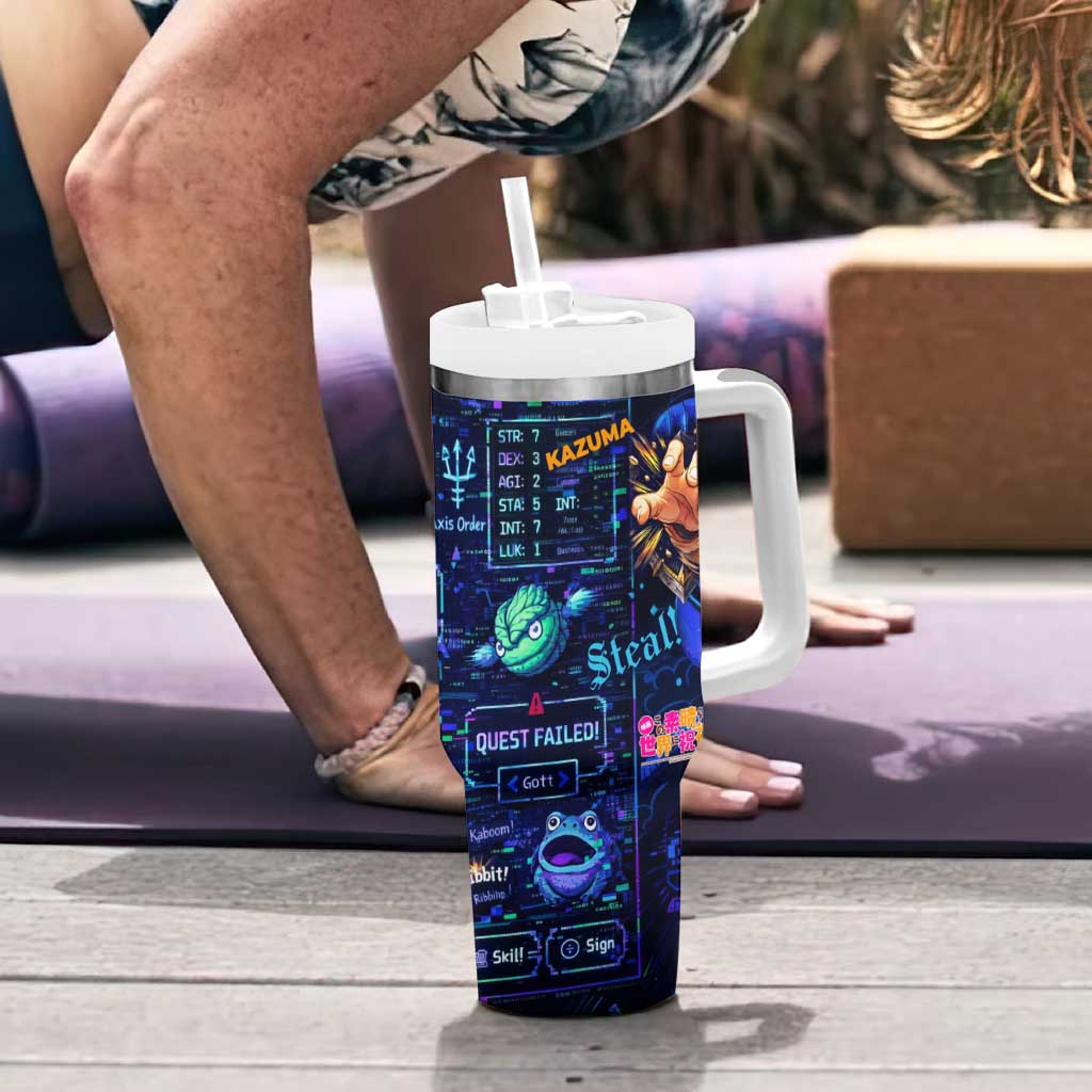 Kazuma Steal Skill Tumbler With Handle Retro Anime RPG Interface Style