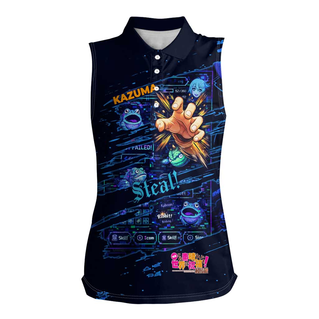 Kazuma Steal Skill Women Sleeveless Polo Shirt Retro Anime RPG Interface Style