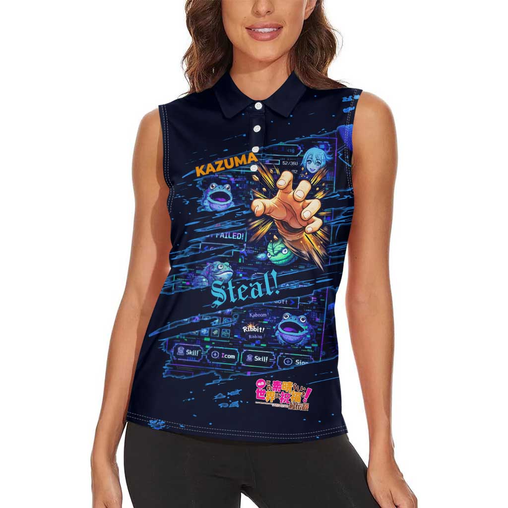 Kazuma Steal Skill Women Sleeveless Polo Shirt Retro Anime RPG Interface Style