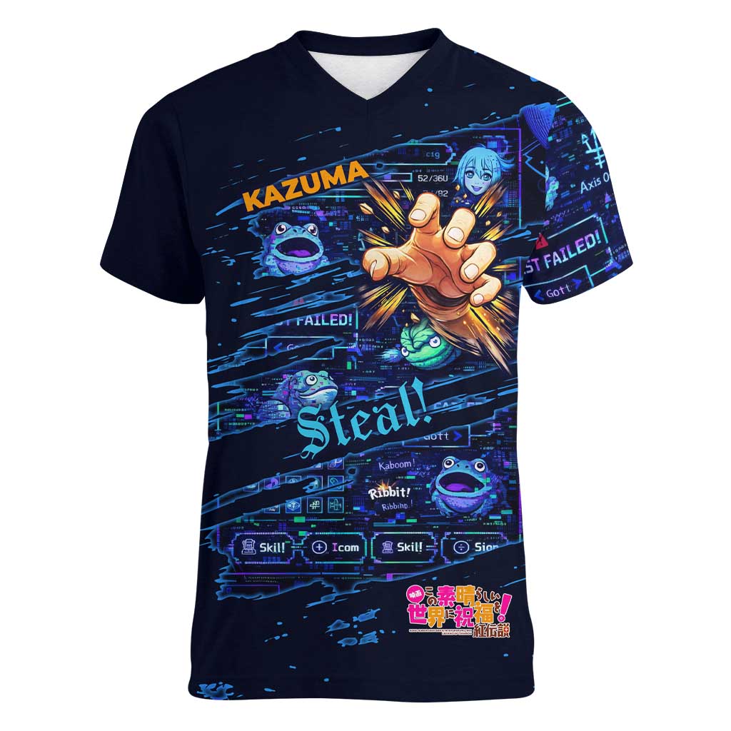 Kazuma Steal Skill Women V-Neck T-Shirt Retro Anime RPG Interface Style