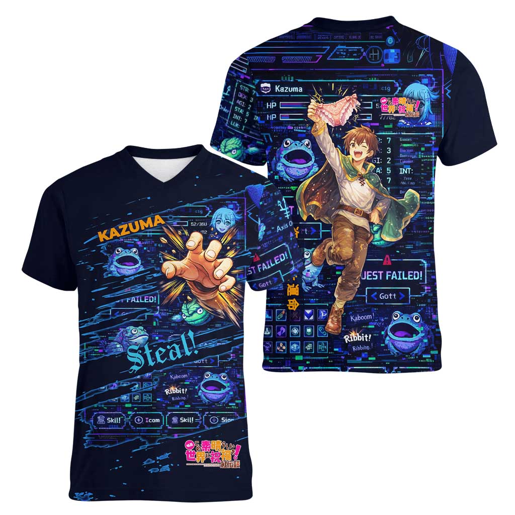 Kazuma Steal Skill Women V-Neck T-Shirt Retro Anime RPG Interface Style