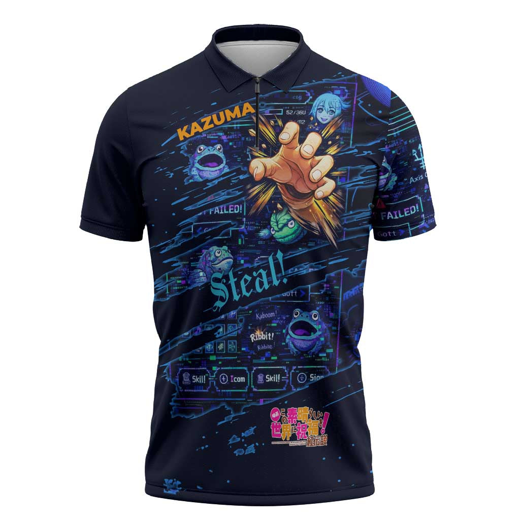 Kazuma Steal Skill Zipper Polo Shirt Retro Anime RPG Interface Style