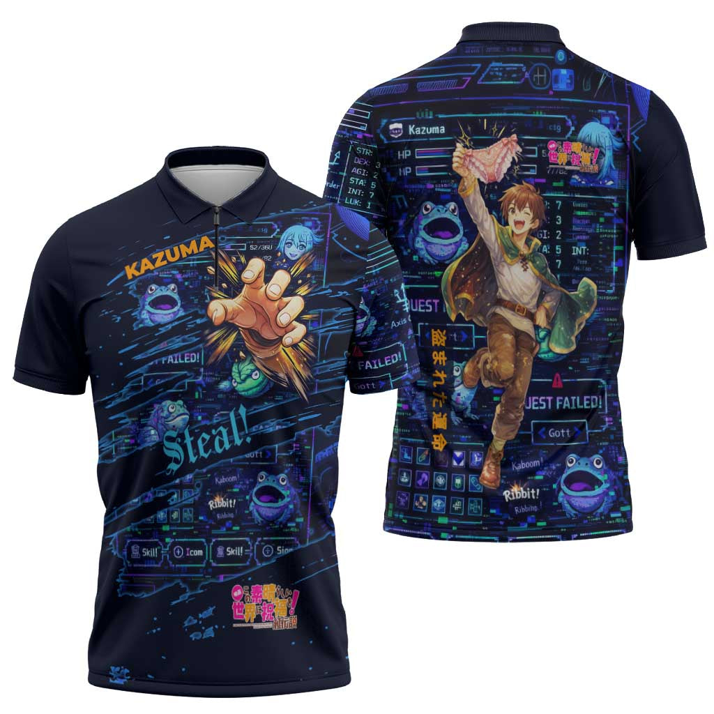 Kazuma Steal Skill Zipper Polo Shirt Retro Anime RPG Interface Style