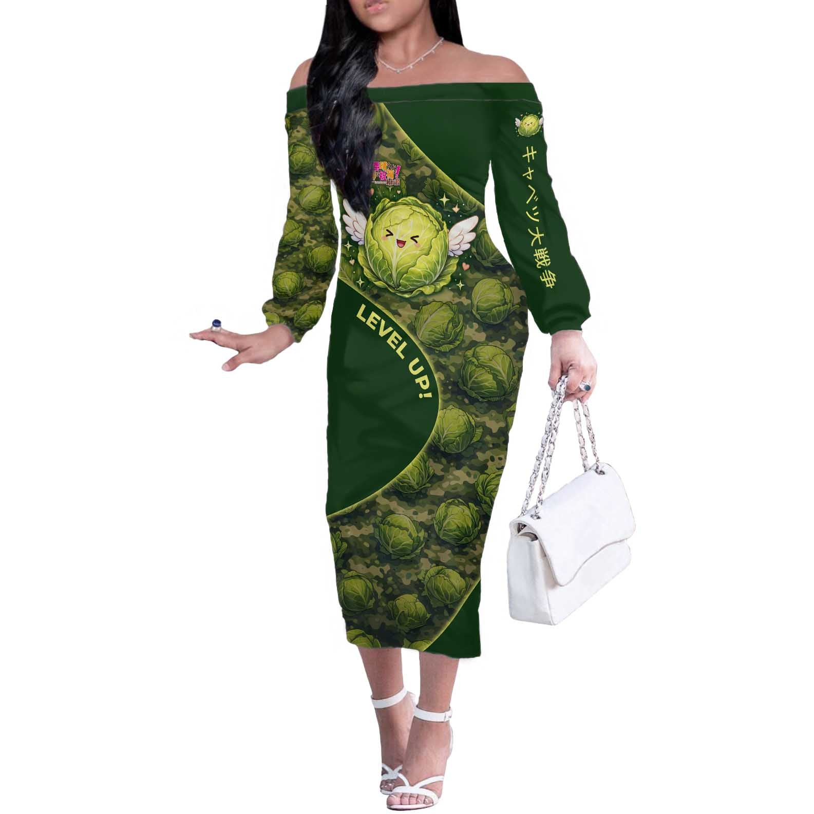 The Great Cabbage War Off The Shoulder Long Sleeve Dress Whimsical Fantasy Game Art Style