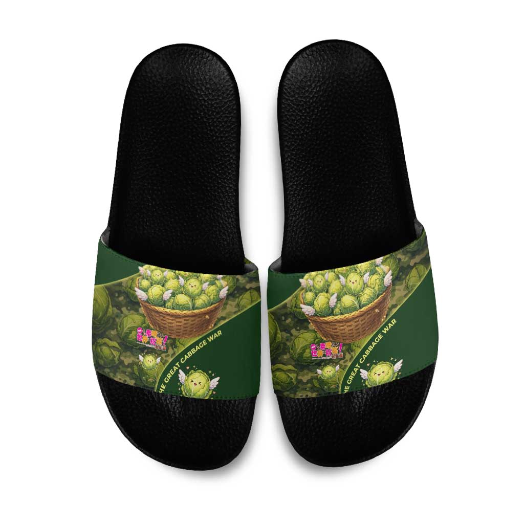 The Great Cabbage War Slide Sandals Whimsical Fantasy Game Art Style