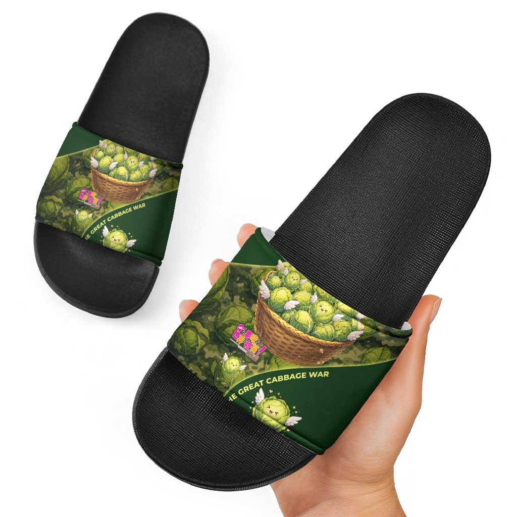 The Great Cabbage War Slide Sandals Whimsical Fantasy Game Art Style