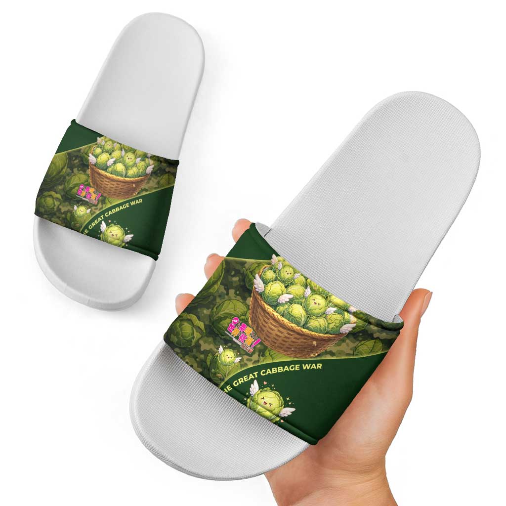 The Great Cabbage War Slide Sandals Whimsical Fantasy Game Art Style