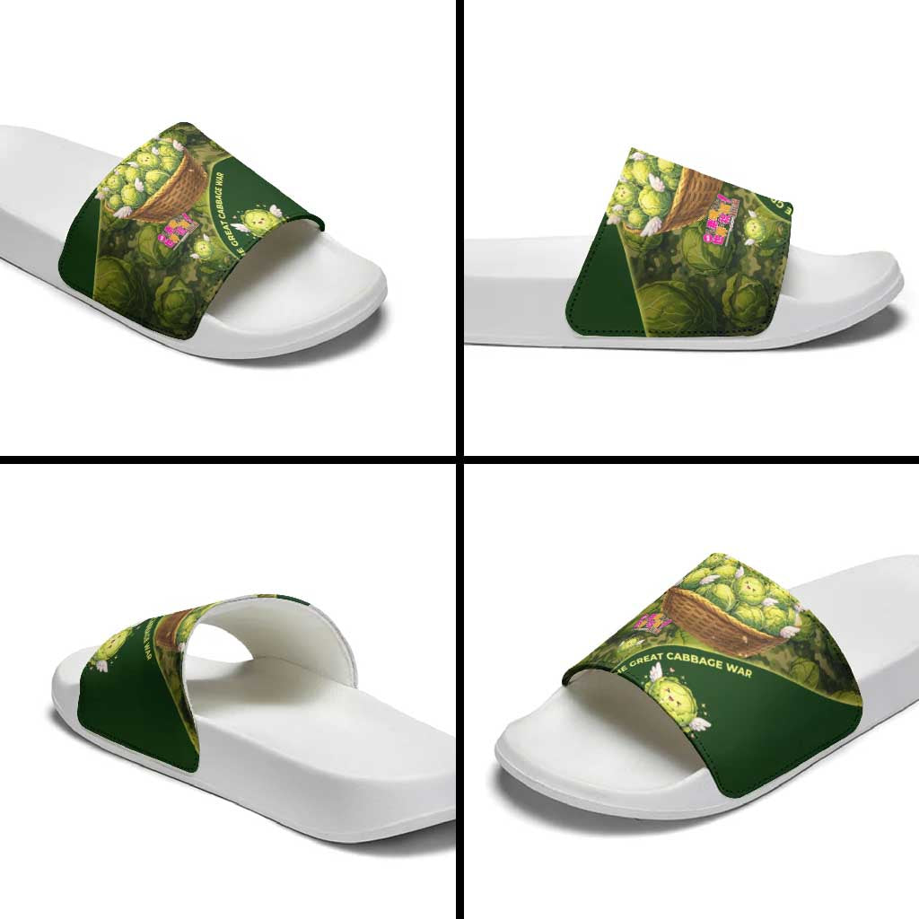 The Great Cabbage War Slide Sandals Whimsical Fantasy Game Art Style