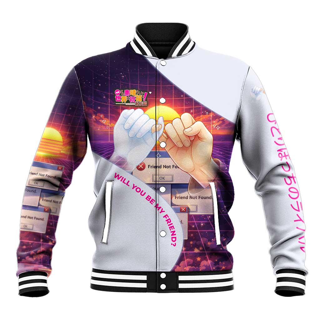 Friend Not Found Konosuba Tribute Baseball Jacket Vaporwave Digital Nostalgia Style