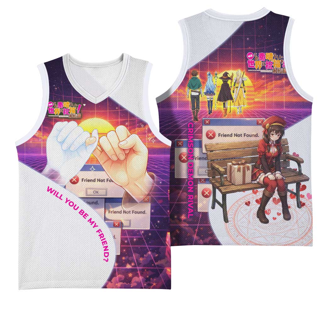 Friend Not Found Konosuba Tribute Basketball Jersey Vaporwave Digital Nostalgia Style