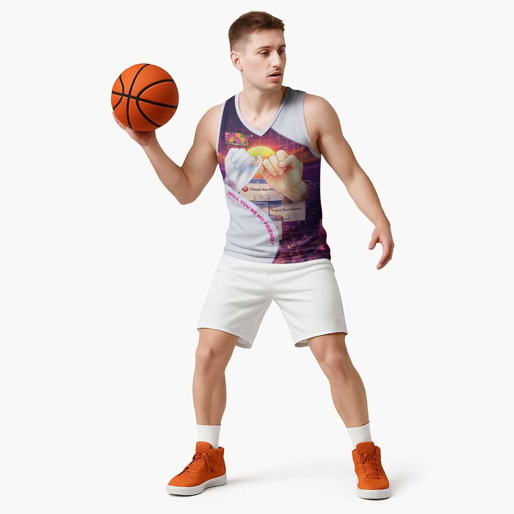 Friend Not Found Konosuba Tribute Basketball Jersey Vaporwave Digital Nostalgia Style