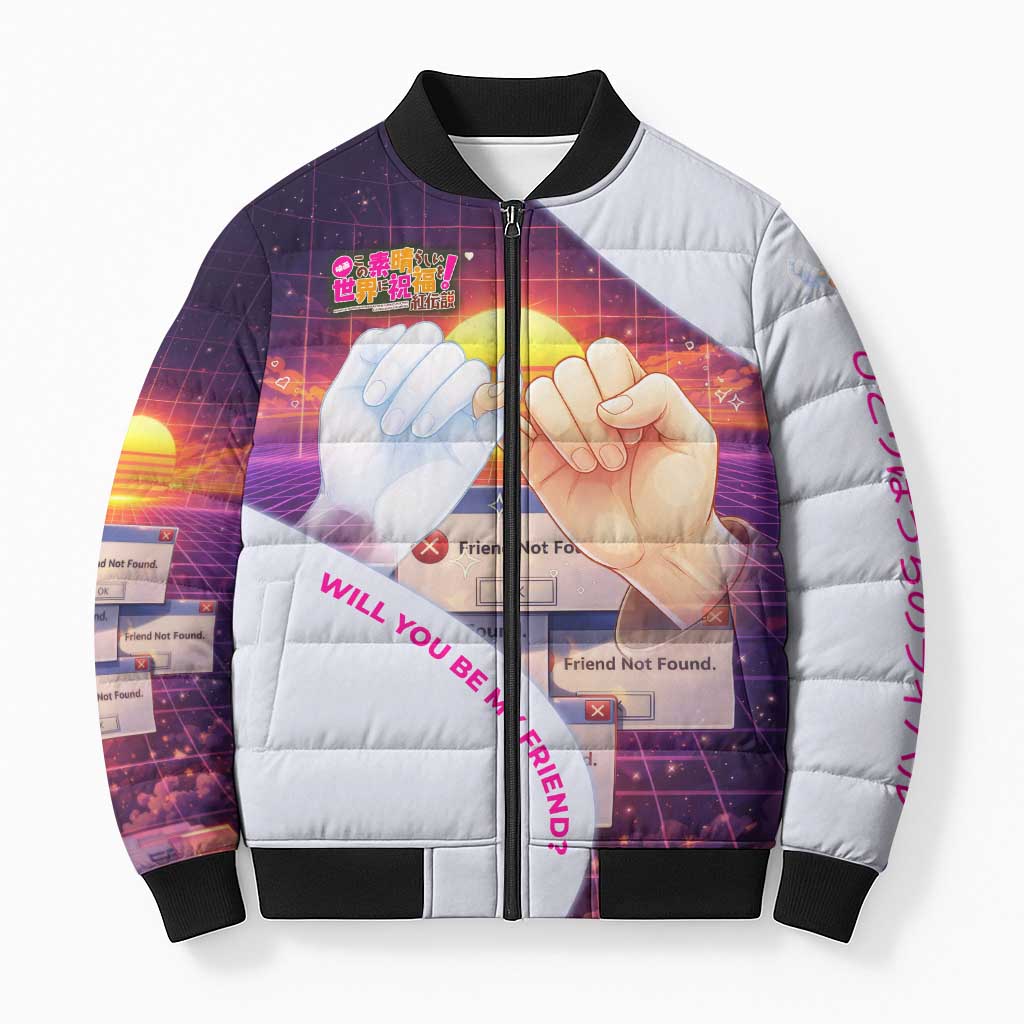 Friend Not Found Konosuba Tribute Bomber Puffer Jacket Vaporwave Digital Nostalgia Style