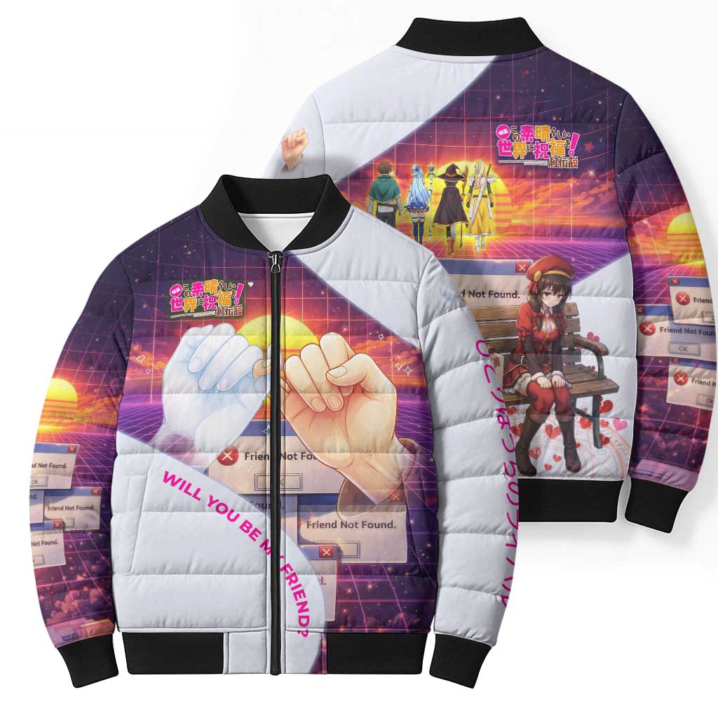 Friend Not Found Konosuba Tribute Bomber Puffer Jacket Vaporwave Digital Nostalgia Style