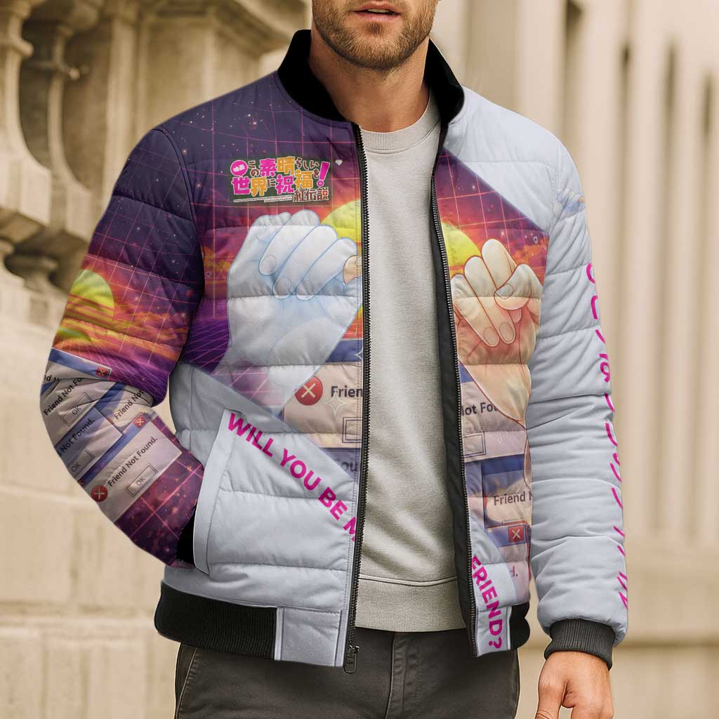 Friend Not Found Konosuba Tribute Bomber Puffer Jacket Vaporwave Digital Nostalgia Style