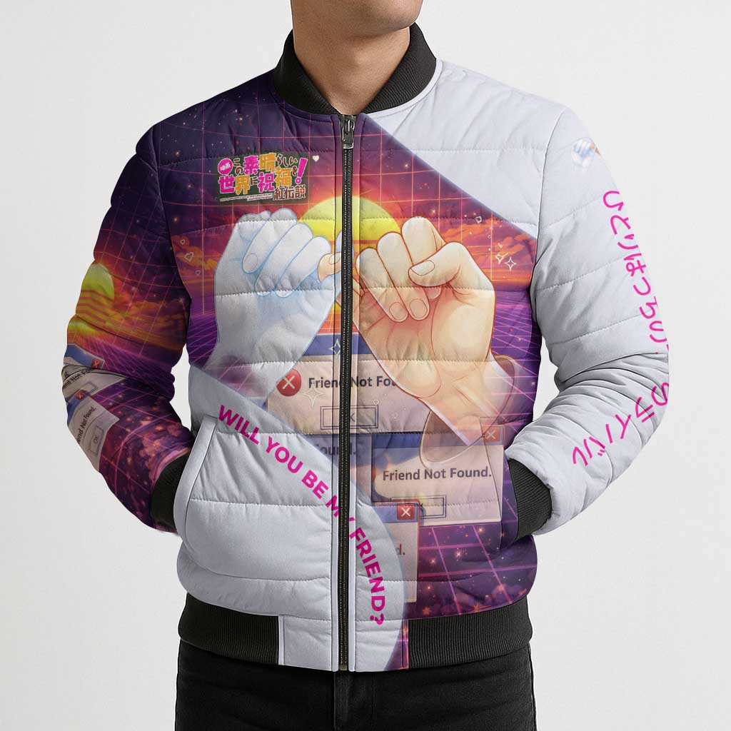 Friend Not Found Konosuba Tribute Bomber Puffer Jacket Vaporwave Digital Nostalgia Style