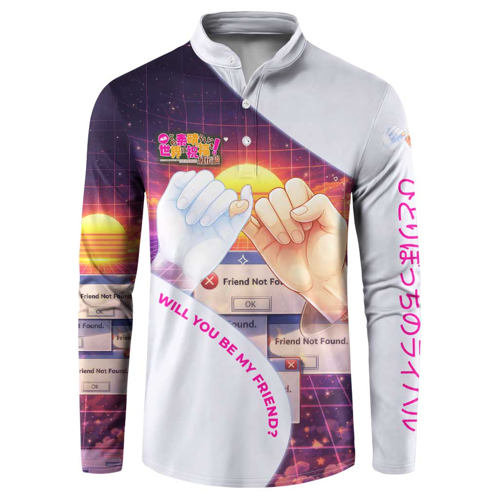 Friend Not Found Konosuba Tribute Button Sweatshirt Vaporwave Digital Nostalgia Style