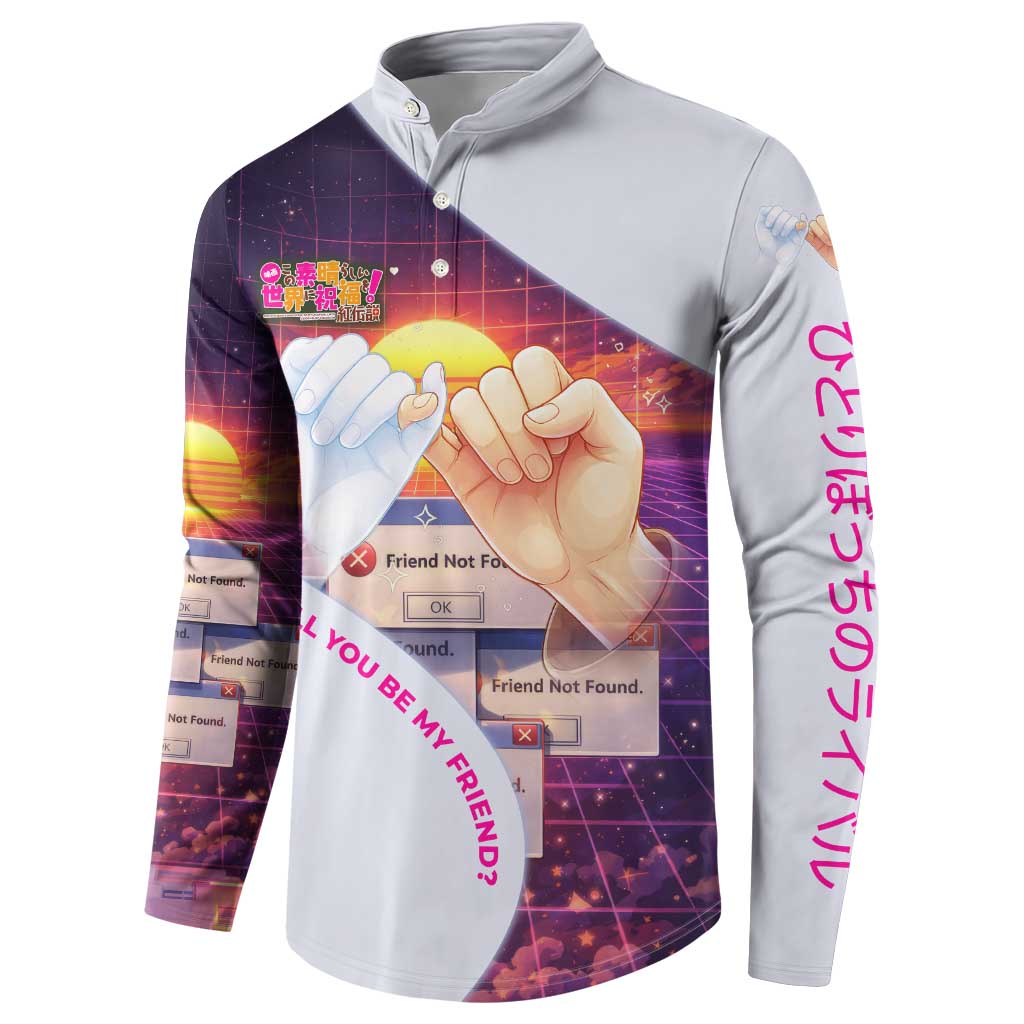 Friend Not Found Konosuba Tribute Button Sweatshirt Vaporwave Digital Nostalgia Style