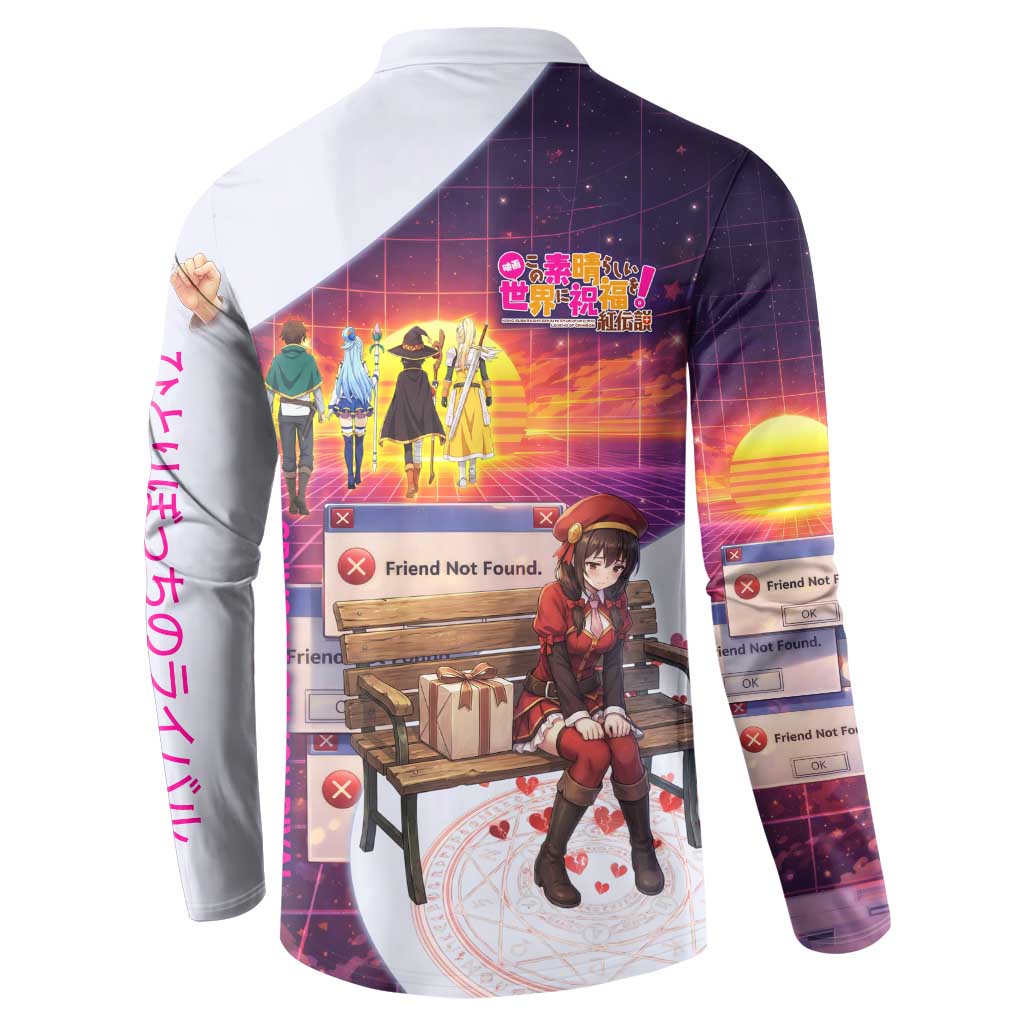 Friend Not Found Konosuba Tribute Button Sweatshirt Vaporwave Digital Nostalgia Style