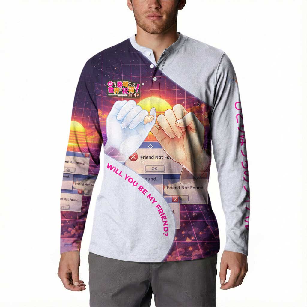 Friend Not Found Konosuba Tribute Button Sweatshirt Vaporwave Digital Nostalgia Style