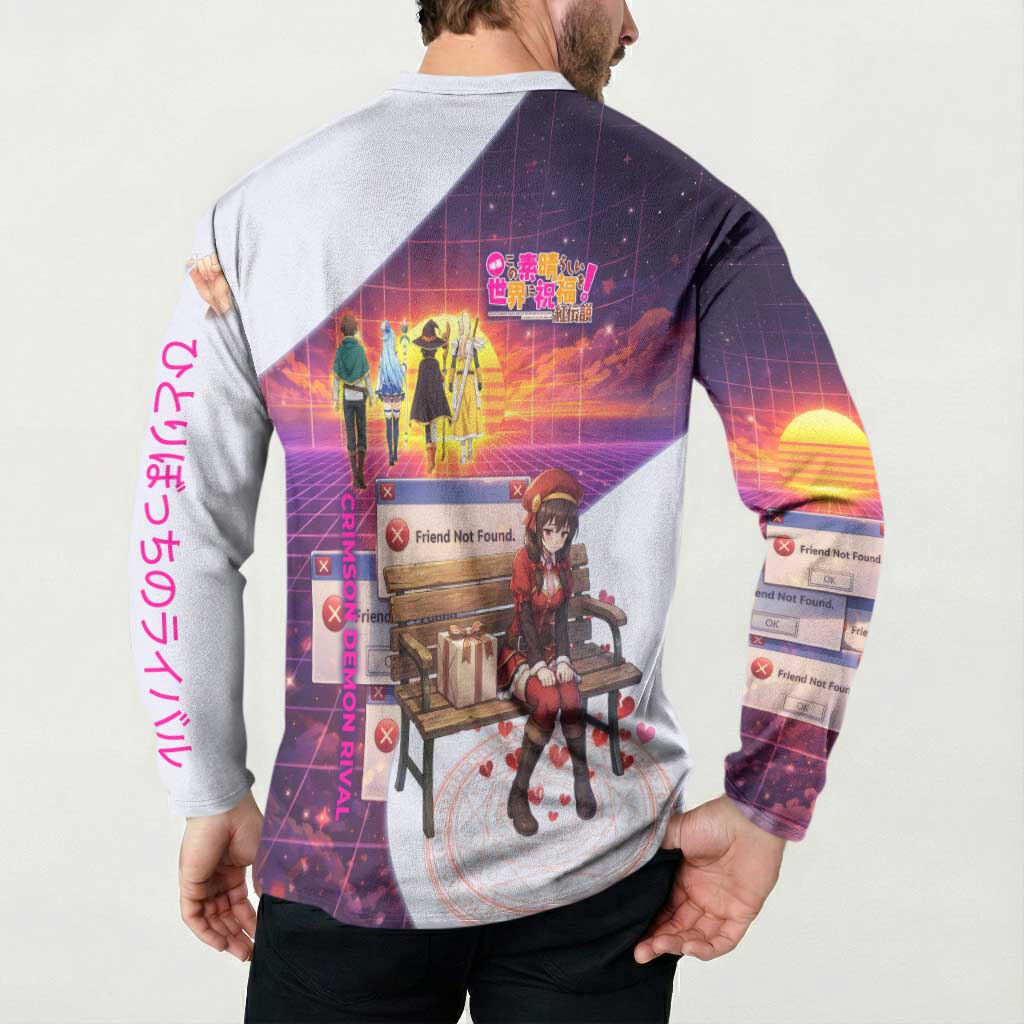 Friend Not Found Konosuba Tribute Button Sweatshirt Vaporwave Digital Nostalgia Style