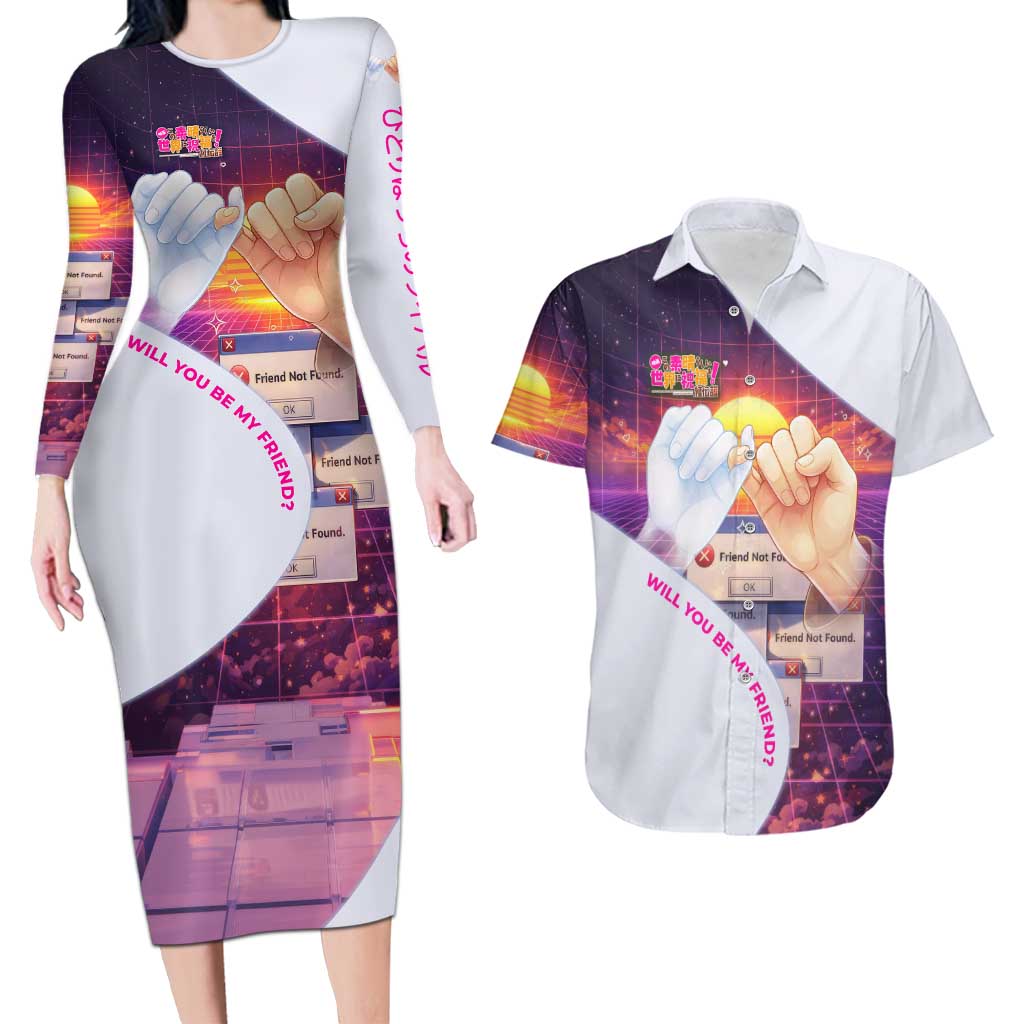 Friend Not Found Konosuba Tribute Couples Matching Long Sleeve Bodycon Dress and Hawaiian Shirt Vaporwave Digital Nostalgia Style