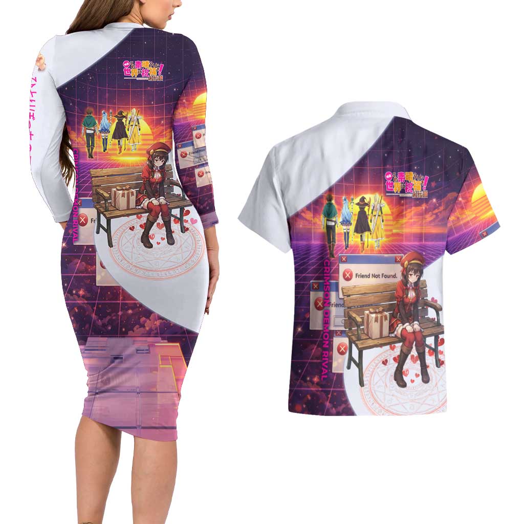 Friend Not Found Konosuba Tribute Couples Matching Long Sleeve Bodycon Dress and Hawaiian Shirt Vaporwave Digital Nostalgia Style